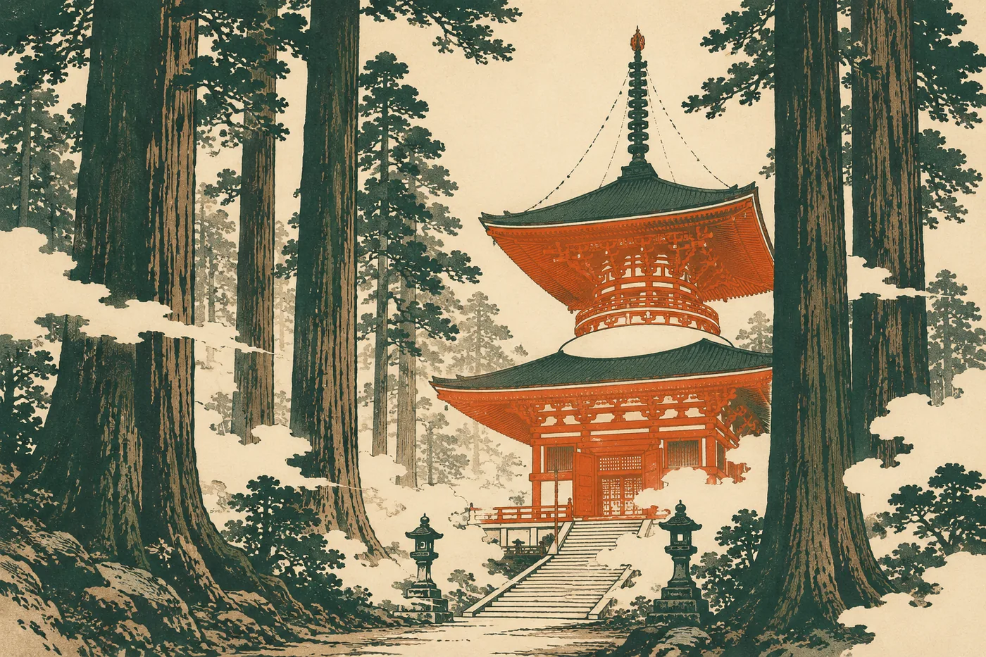 Woodblock-style illustration of Koyasan's vermilion Konpon Daito pagoda rising among giant cedars and morning mist