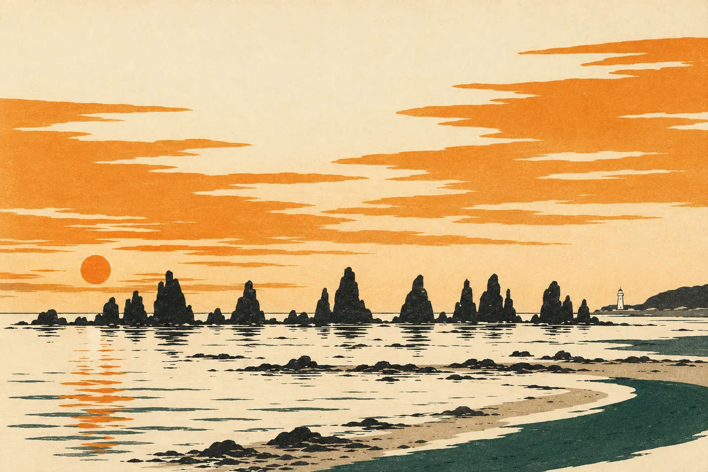 Woodblock-style illustration of the Hashigui-iwa rock pillars at Kushimoto standing in line across the sea at dawn, a lighthouse in the distance