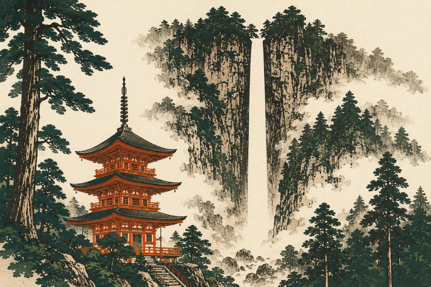 Woodblock-style illustration of Nachi Falls plunging in a single white ribbon beside the vermilion pagoda of Seiganto-ji, wrapped in cedar forest