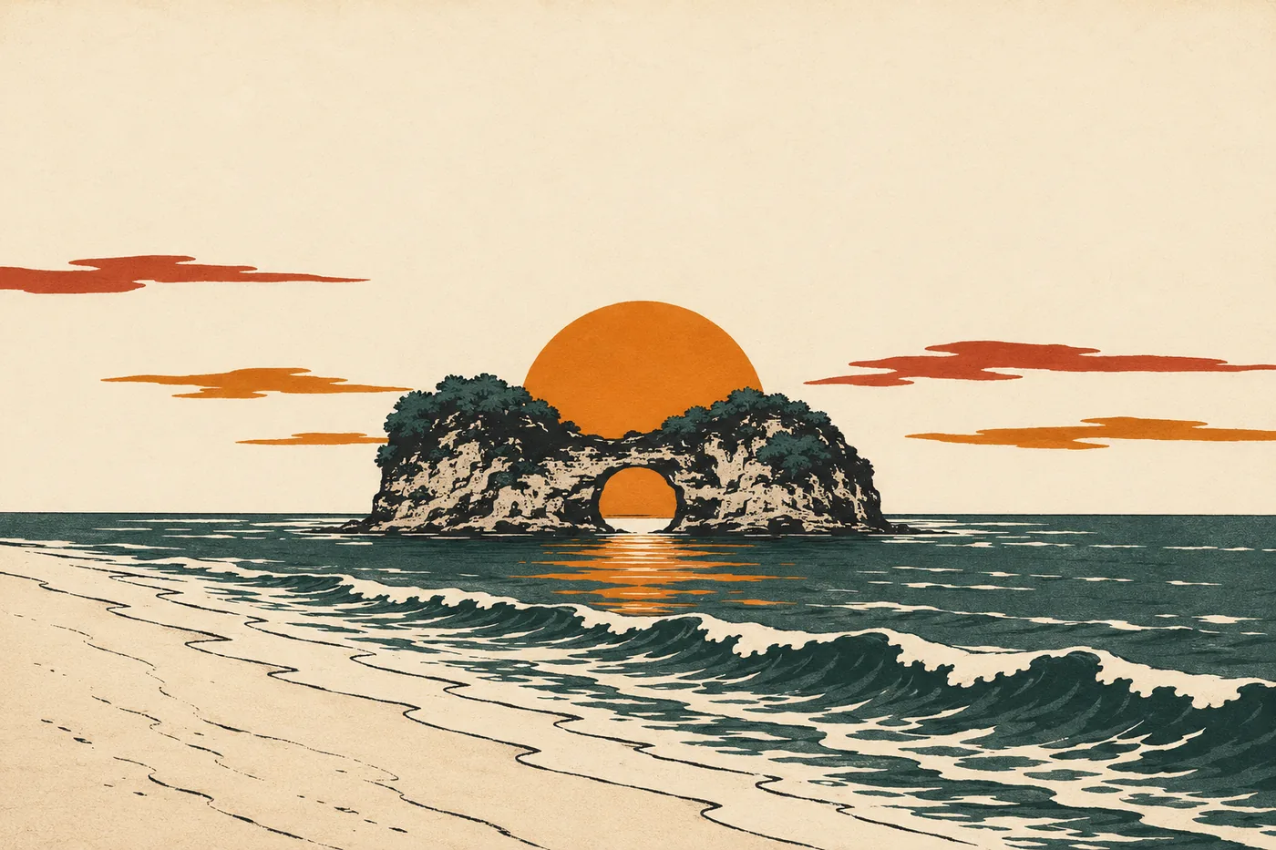 木版画风格插图：白滨海滩外的圆月岛，夕阳正落入岛中央的圆洞