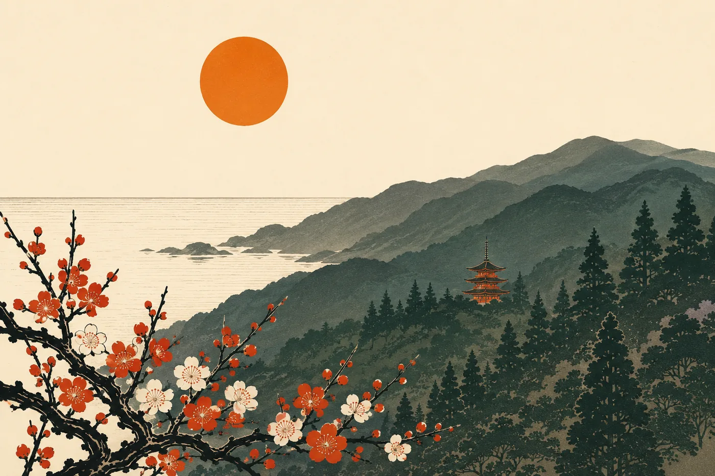 木版画风格插图：和歌山纪伊半岛——梅花、层叠青山、朱红宝塔与海上落日