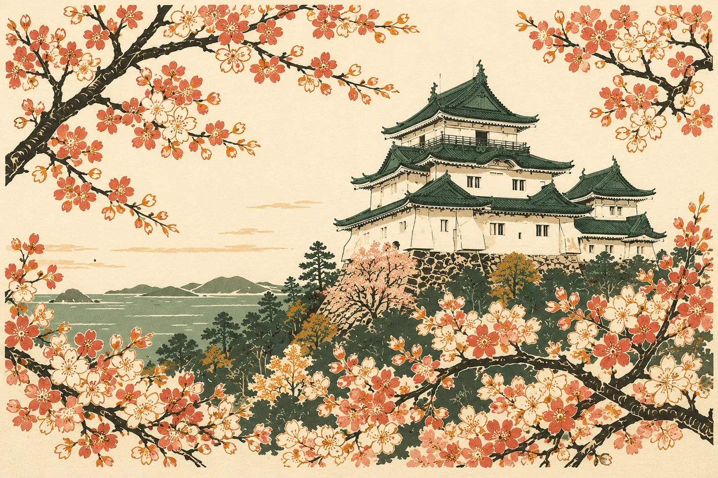 木版画风格插图：樱花环绕的山丘上的和歌山城天守，远处是海湾