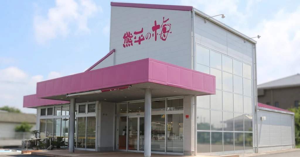 熊平の梅 みなべ店 店舗外観 — 2025 年 8 月にリニューアルしたくまへいカフェ＋物販棟併設の建物