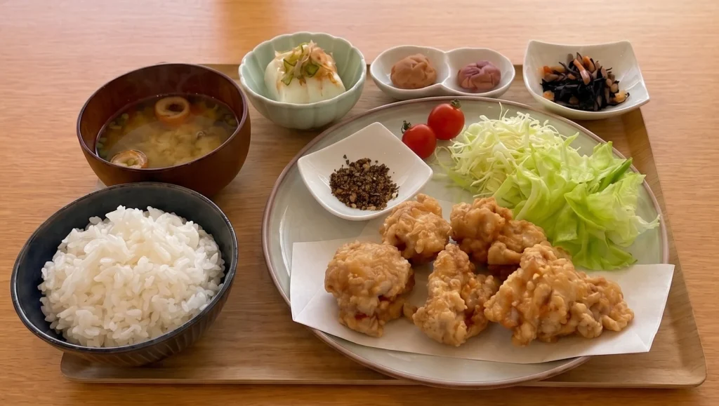 梅酢唐揚げ定食 — 紀州南高梅の梅酢を使った唐揚げ定食、くまへいカフェの看板メニュー（1,200 円）